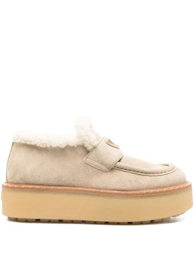 Prada Shearling Trim Suede Loafers In Neutral