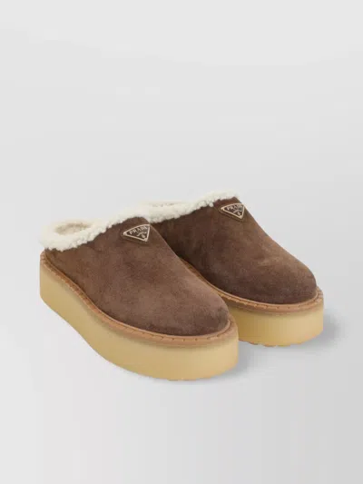 Prada Shearling Trim Suede Mule Platform