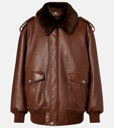 Prada Lederjacke Mit Shearling In Brown