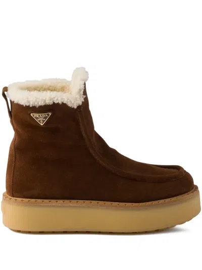 Prada Shearling-trimmed Platform Boots In Brown