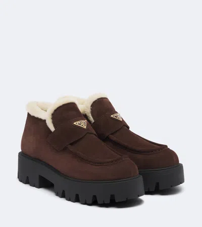 Prada Shearling-lined Suede Ankle Boots In Brown