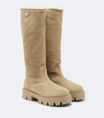 Prada Shearling-lined Suede Knee-high Boots In Neutral