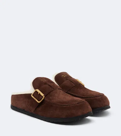 Prada Suede Slippers With Buckle And Sheepskin Lining In Black