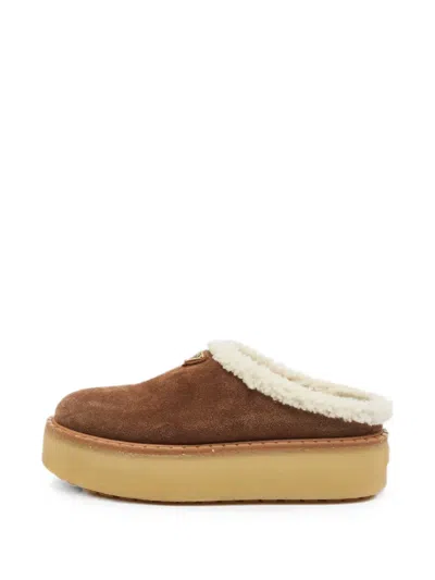 Pre-owned Prada Shearling-trim Flat Mules In Brown