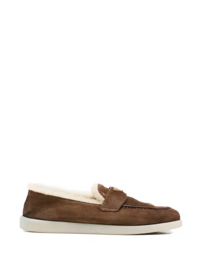Pre-owned Prada Shearling-trim Loafers In Brown