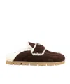 Prada Shearling-trim Logo-plaque Suede Mules In Brown