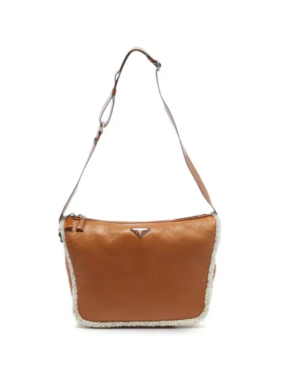 Pre-owned Prada Shearling-trim Shoulder Bag In Brown