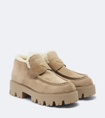 Prada Shearling-trimmed Suede Platform Ankle Boots In Neutral