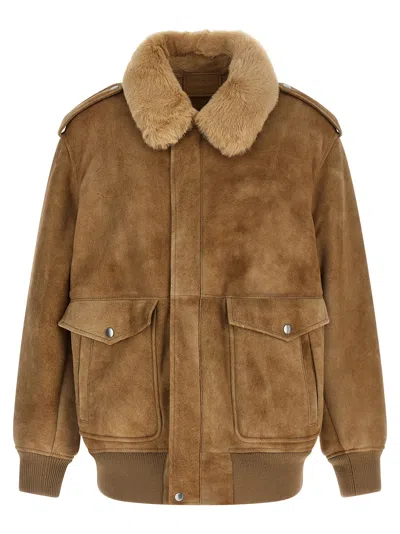 Prada Lamb Leather Shearling-collar Bomber Jacket In Brown