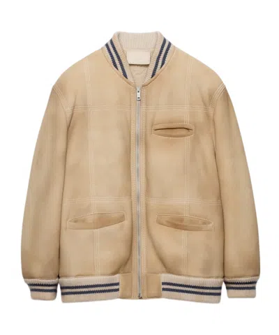 Prada Sheepskin Bomber Jacket In Neutral