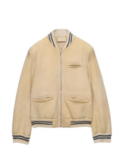 Prada Sheepskin Bomber Jacket In Brown