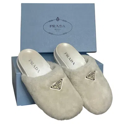 Pre-owned Prada Sheepskin Slippers In Gray