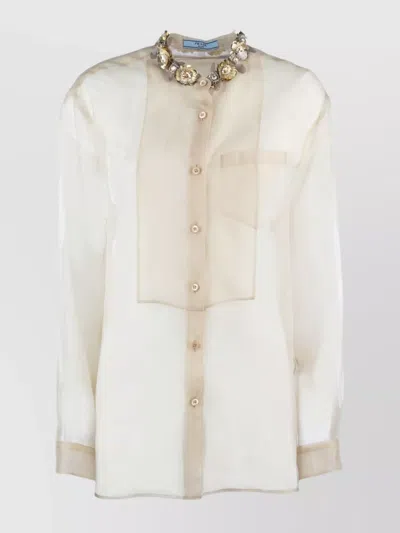 Prada Sheer Fabric Long Sleeves Embellished Collar In White