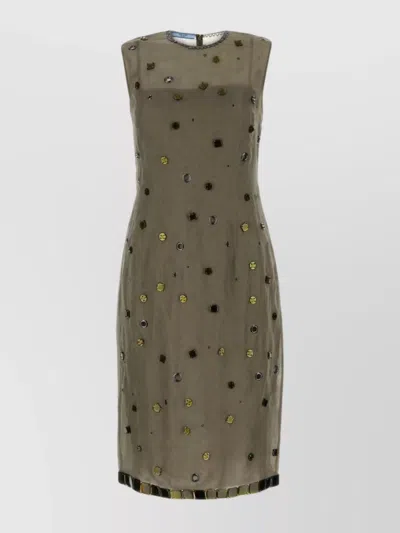PRADA SHEER OVERLAY EMBELLISHED KNEE-LENGTH DRESS