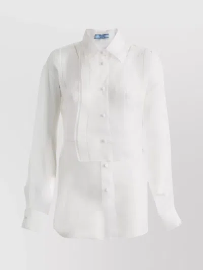Prada Sheer Pleated Collared Neck Long Sleeves In White