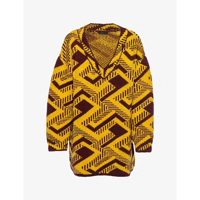 Prada Mens Bordeaux Shetland Geometric-pattern Wool Jumper