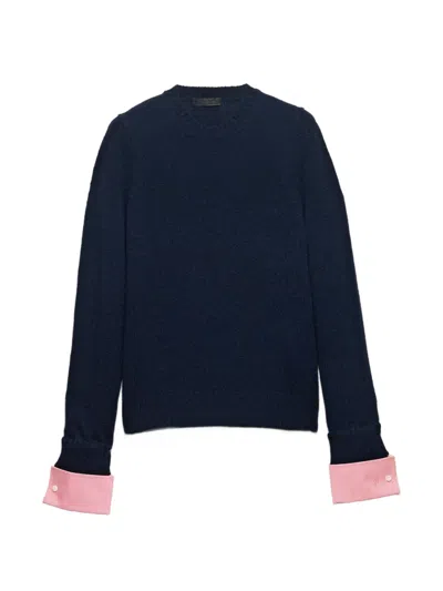 Prada Shetland Wool Crewneck Sweater With Removable Cuffs In Blue
