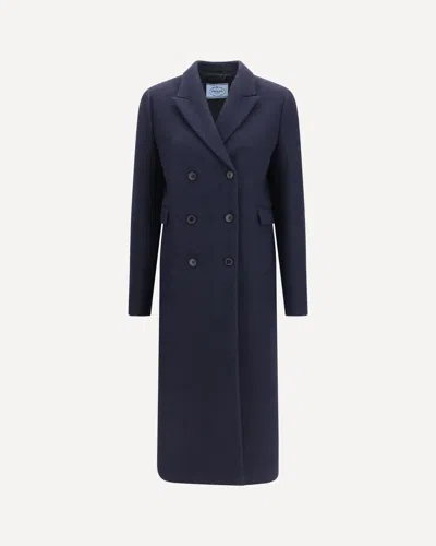 Prada Shetland Wool Double Breasted Coat In Blue