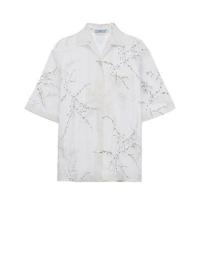 Prada Silk Blend Sheer Shirt With Floral Embroidery In White