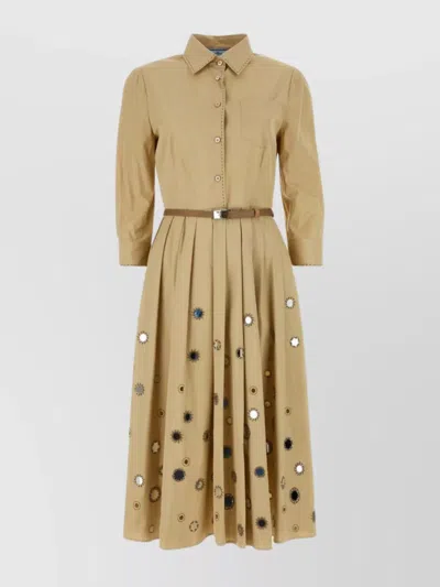 Prada Mirror Embellished Belted Midi Dress In Beige