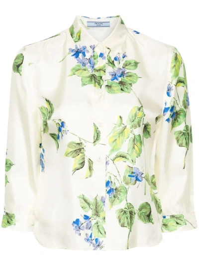 Prada Shirt With Floral Print In Talco