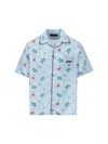 Prada Satin Shirt With Printed Design And Pocket In Blue