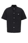 Prada Logo Plaque Short Sleeved Denim Shirt In Black