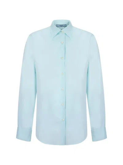 Prada Asymmetrical Hem Cotton Shirt With Back Tie In Blue