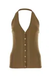 Prada Cotton Knit Halter V-neck With Ribbed Texture And Button Accents In Brown