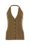 Prada Cotton Knit Halter V-neck With Ribbed Texture And Button Accents In Brown