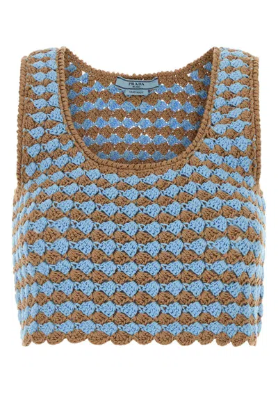Prada Crochet Sleeveless Crop Top With Scoop Neck In Blue