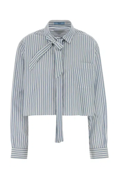 Prada Striped Poplin Short Shirt With Scarf Collar In Animal Print