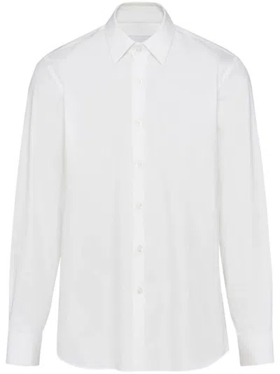Prada Mens White 100% Cotton Poplin Shirt With Nacre Buttons And Side Slits