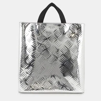 Pre-owned Prada Shopping Bag Silver Brushed Leather Canvas