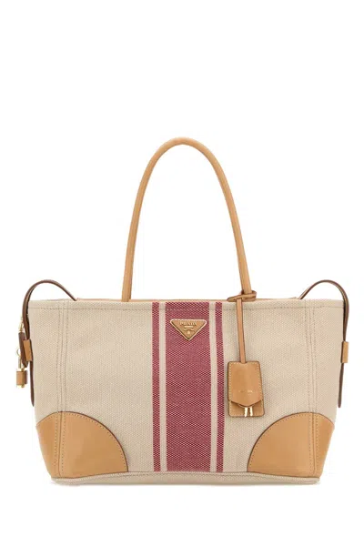 Prada Sand Canvas Large Shopping Bag In Multi