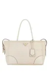 Prada Large Canvas Shopping Handbag With Adjustable Strap In White