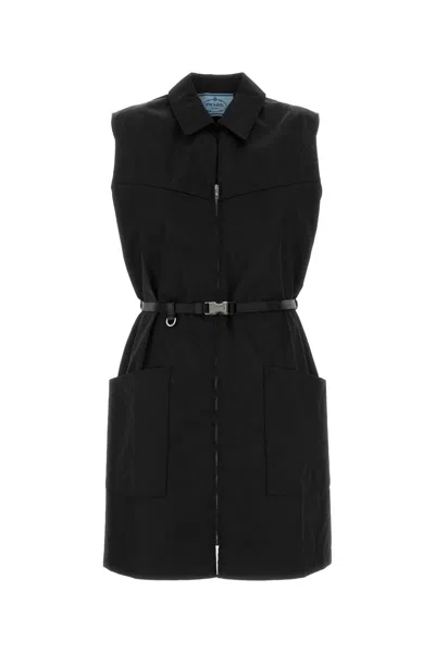 Prada Mini Sleeveless Dress With Zip And Waist Belt In Black