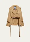 PRADA SHORT LEATHER BELTED TWILL TRENCH JACKET