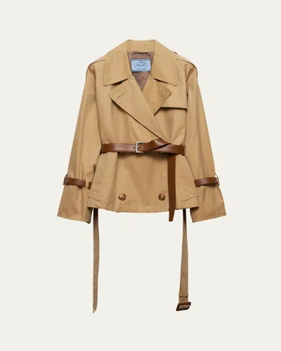 PRADA SHORT LEATHER BELTED TWILL TRENCH JACKET