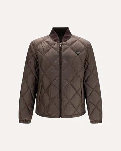 Prada Short Re-nylon Down Jacket In Brown