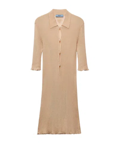 Prada Short Ribbed Detail Dress In Sand-colored