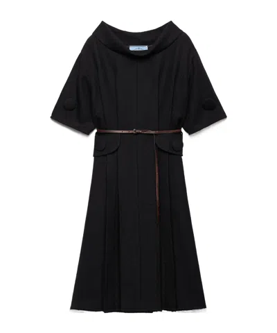 Prada Short-sleeve Chevron Wool Dress With Belt In Black