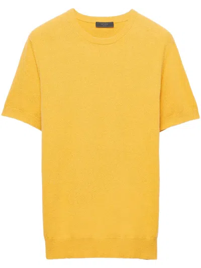 Prada Short-sleeved Cotton Sweater In Yellow