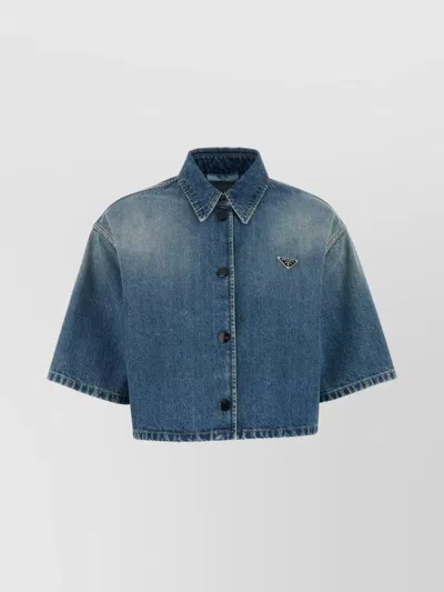 Prada Short Sleeve Cropped Denim Shirt In Blue