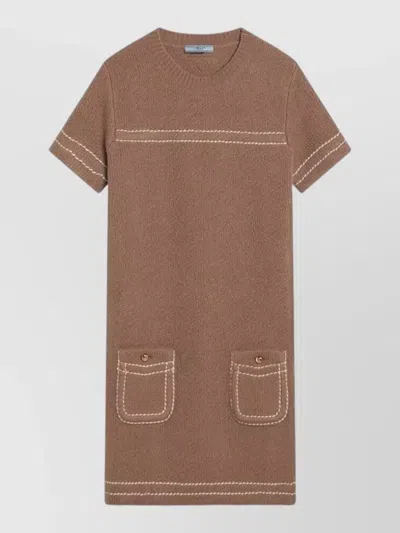 Prada Short Sleeve Dress Contrast Stitching Pockets In Brown