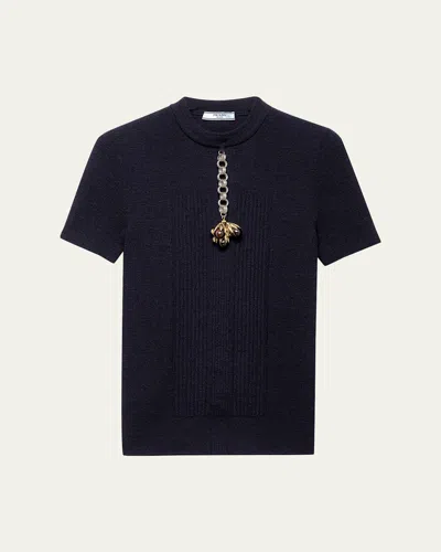 Prada Short-sleeve Knit Sweater With Pendants In Blue