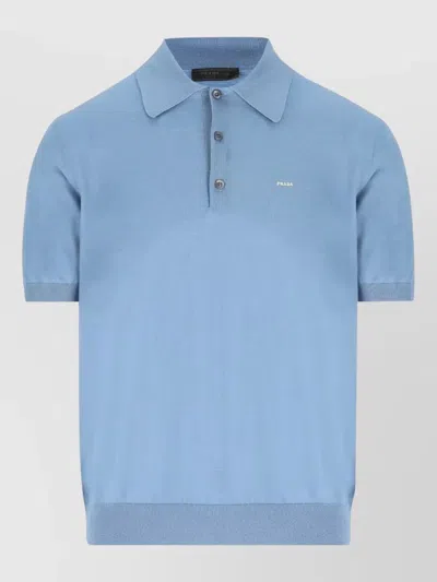 Prada Short Sleeve Polo Shirt Ribbed Hem Cuffs In Blue