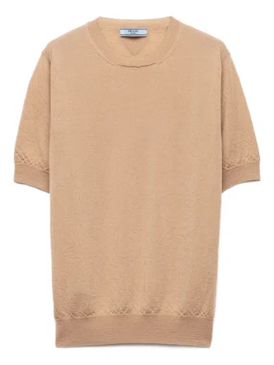 Prada Short-sleeve Ribbed-knit Sweater In Brown