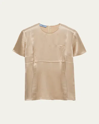 Prada Short Sleeve Satin Crepe Top In Desert Beige