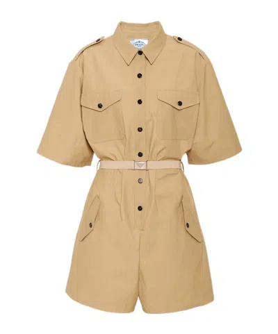 Prada Short-sleeved Button-down Jumpsuit In Beige Khaki
